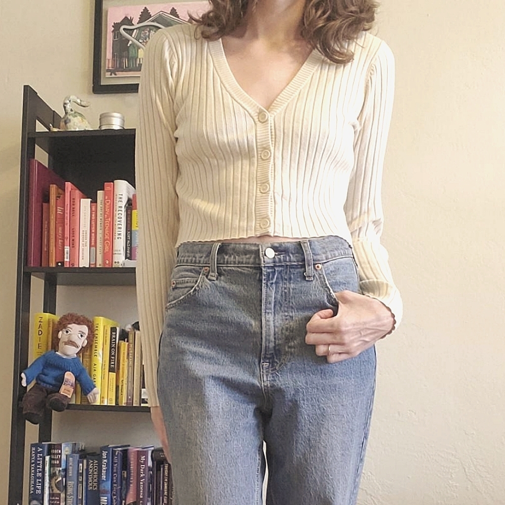 Aerie off-white button up cropped ribbed cardigan
